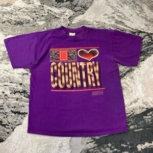 Vintage‎ 90s I Love Country Music Purple Single Stitch Graphic T-Shirt XL